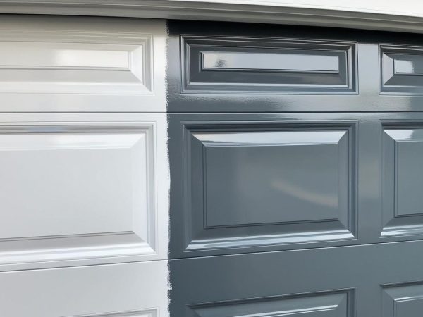 a closeup of a UK garage door being resprayed from white to a new modern glossy grey colour
